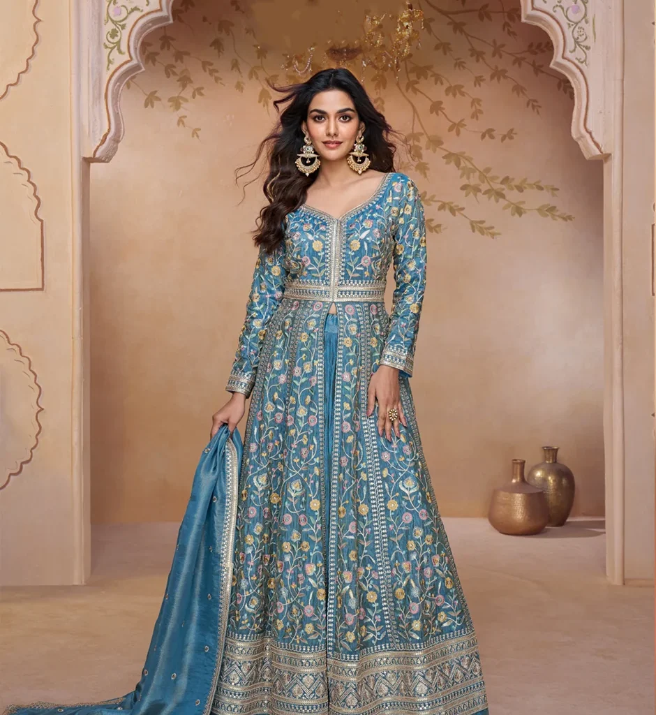 graceful sky blue silk embroidered suit set with dupatta traditional women s wear